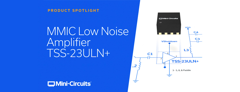 Closeup on MMIC Low Noise Amplifier with Shutdown Feature Covering 10 to 2000 MHz (TSS-23ULN+)