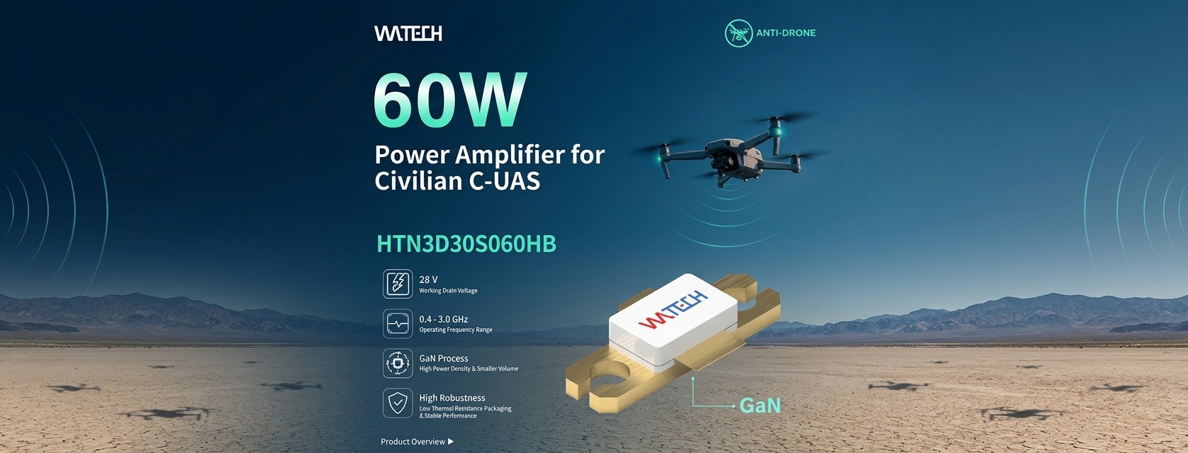 Watech Electronics Unveils HTN3D30S060HB: 60W GaN Power Amplifier for Civilian C-UAS